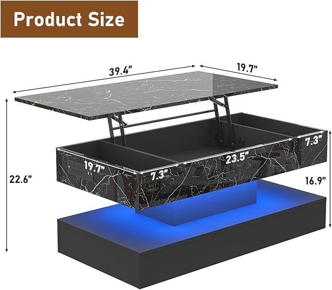 39.4" Large Lift Top Coffee Table, Modern LED High Glossy Coffee Table with Charging Station, Lights, Hidden Compartment Storage, Lift Center Tables for Living Room, Home Office, Black