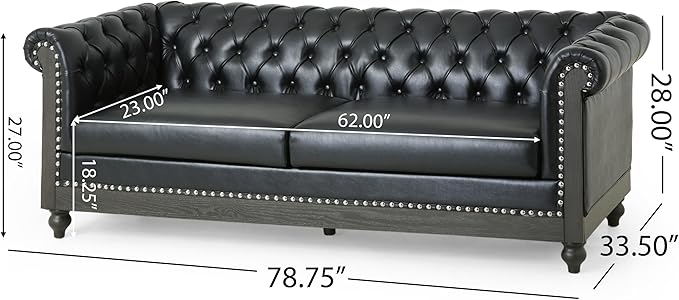 Merax PU Chesterfield Sofa, Retro Upholstered 3 Seater Leather Couch Rolled Arm for Living Room Bedroom Office, Black