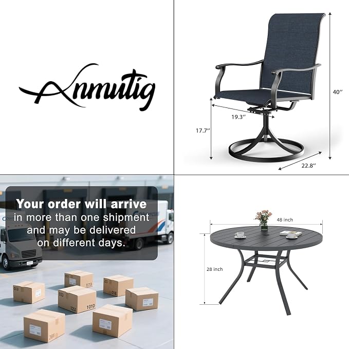 Anmutig 5-Piece Outdoor Dining Set, Patio Furniture Set with 4 Textilene Swivel Chairs and 48" Round Outdoor Table for Garden, Backyard, Deck - Navy Blue Style1 - Image 3