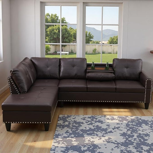 L Shape Sectional Couch with Chaise, 97.5 Inch Modular Sofa with Cup Holders, Sectional Couches for Living Room, Ergonomic Reclined Backrest, for Office and Small Apartment, Brown