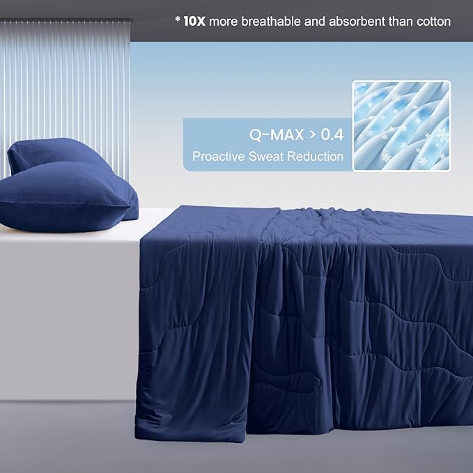 Love's cabin Cooling Comforter Queen Size, Double Sided Cooling Blankets for Hot Sleepers, Q-Max>0.4 Instant Cool-to-Touch, 2X Breathable & Moisture-Wicking, Oeko-TEX Certified, 90"x90" Dark Blue