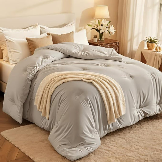 Comforters King Size, All Season Quilted Bed Comforter, Ultra-Soft Down Alternative Duvet Insert with 4 Tabs, Lightweight Bedding Blanket - Machine Washable, Light Gray