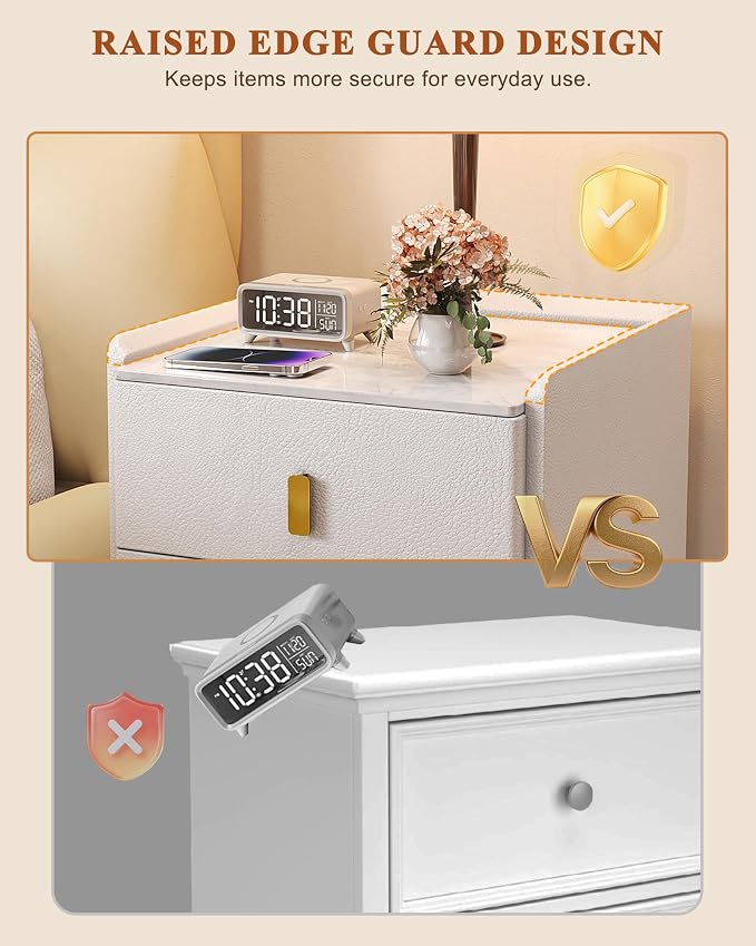 STARSAGA Narrow Nightstand with Drawers, 15.75" Narrow Bedside Table for Bedroom, Solid Wood Narrow Night Stand with Sintered Stone Top & Leather Surface, Slim Nightstand for Small Spaces, White - Image 4