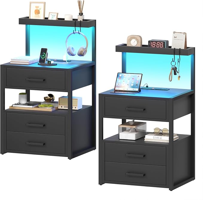 AOGLLATI Nightstand Set of 2 with Charging Station and LED Lights, Bedside Table with 3 Drawers and Open Storage Shelves, 2 USB Ports and 2 AC Outlets, LED Night Stand for Bedroom, 2 Pack, Black by AOGLLATI