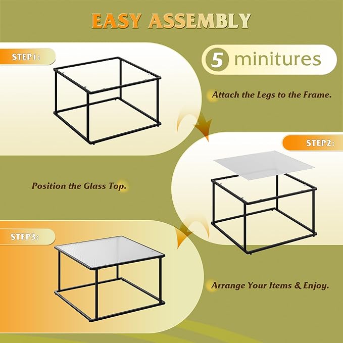 WLIVE Glass Coffee Table, Small Modern Coffee Table for Living Room with Wave Textured Glass & Metal Frame, Square Center Table for Small Spaces Apartment, Office, 26.4 x 26.4in, Dark Black