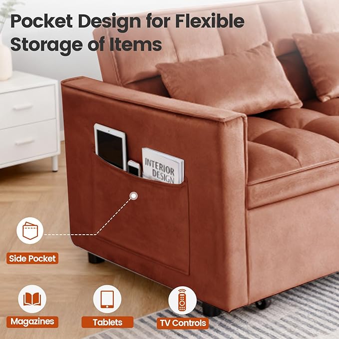 3 in 1 Convertible Sofa Bed, Velvet Fabric Loveseat Sleeper Couch, Modern Pull Out Couch with Side Pockets, Sleeper Sofa Bed with Adjustable Backrest for Living Room, Camel