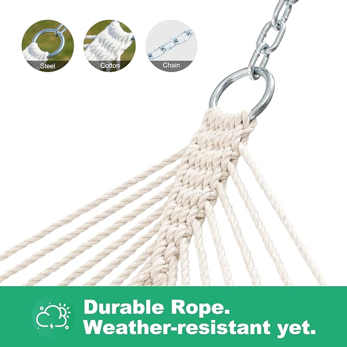 GAFETE Single Rope Hammocks for Outside, Traditional Hand Woven Cotton Hammock with Hardwood Spreader Bar, Max 450 lbs Capacity (Natural Beige, Small) - Image 5