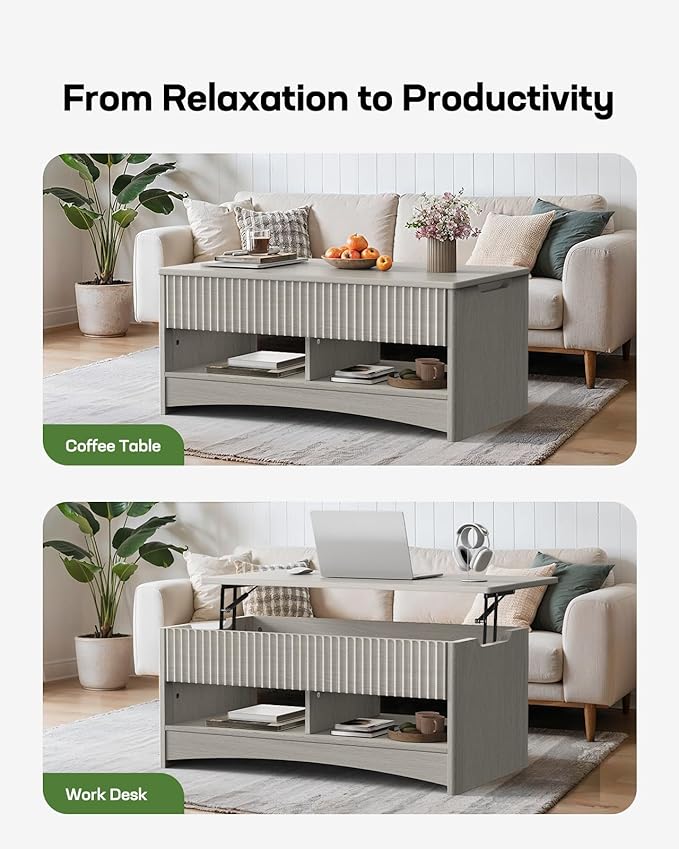 Marsail Lift Top Coffee Table with Open & Hidden Storage, Modern Fluted Coffee Table with Smooth Lift Mechanism, Sturdy Space-Saving Center Table for Home Living Room, Office, Light Grey