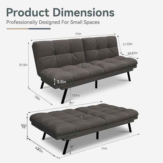 Futon Sofa Bed Convertible Couch, Grey Linen Sofa Bed with Memory Foam, Adjustable Backrest & Armrests, Multifunctional Small Loveseat Sleeper Sofa for Living Room, Apartment, Office