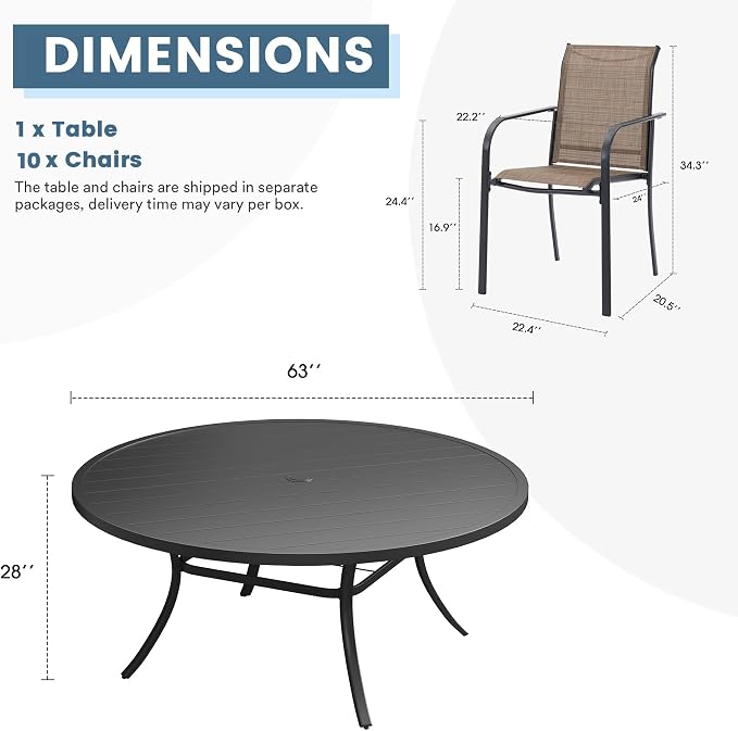 DIFY Patio Dining Set for 10, 11 Piece Outdoor Table and Chairs Set, 63" Black Round Metal Patio Dining Table and Brown Textilene Stackable Patio Chairs, for Backyard Garden Poolside - Image 8