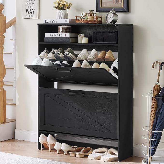 RWYHG Shoe Cabinet Storage for Entryway with 2 Flip Drawers Open Storage Layer Rack Narrow Organizer Slim Hidden Wood Shoe Cabinet Furniture Black by RWYHG