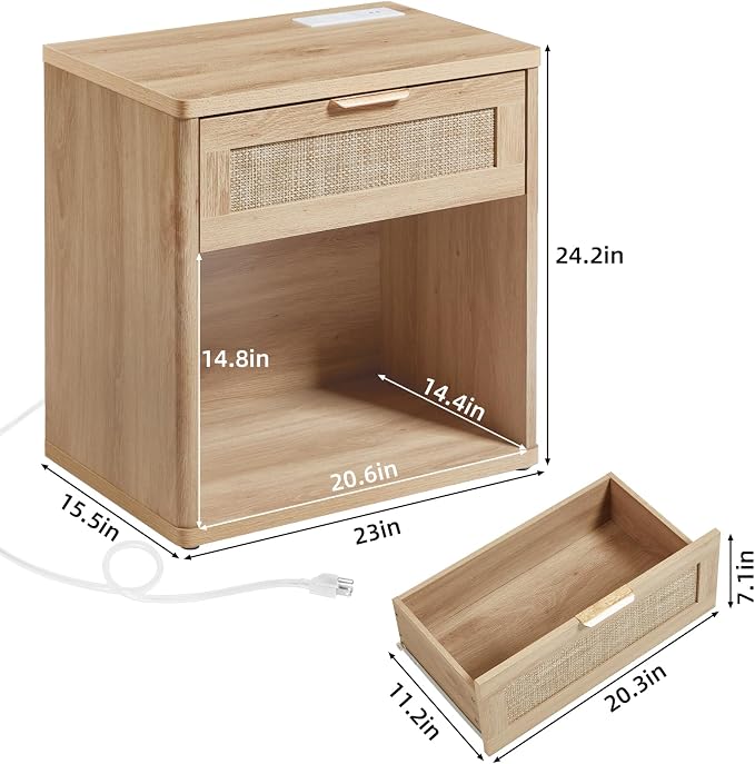 LEYAOYAO Rattan Nightstand with Charging Station, Natural Wood Night Stand with Drawer, 23" Wide Boho Bedside Table with Storage Shelf, Bed Side End Tables for Bedroom, Living Room, Hallway - Image 3