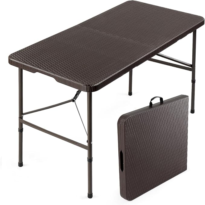VINGLI 4 FT Plastic Folding Camping Table, Portable in/Outdoor Party Picnic Dining Desk,Garden Soccer Multipurpose Entertaining Activities, Brown by VINGLI