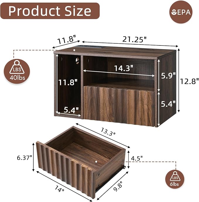 BuildHom Floating Nightstand with Charging Station, Walnut Fluted Wall Mounted NightStand with Drawers, Bedside with USB Ports and Outlets, Bedroom Furniture (Set of 2) - Image 2