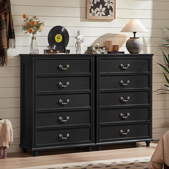 Joaxswe 24" Wide Farmhouse Nightstand Set of 2, 45" Tall Rustic Chests of 5 Drawers w/ 4 Solid Wood Feet, Farmhouse Furniture Series for Living Room,Bedroom,Black