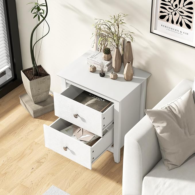 Giantex White Nightstand, Modern 2 Drawers Night Stand with Handles, Sofa Side Table with Sturdy Legs for Small Spaces, College Dorm, Kids’ Room, Wooden Bedside Table for Bedroom, White - Image 6