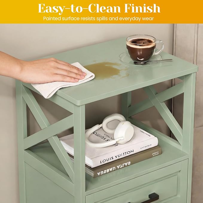 May in Color White Nightstand, Tall Bedside Table, Farmhouse Side Table with Storage Drawers and Open Shelf, Wooden Rustic End Table Cabinet for Bedroom, Home Office, Green - Image 5