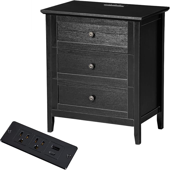 Karl home Farmhouse Nightstand with Charging Station, Wide End Table with 3 Large Drawers & Mental Handles, Wood Small Side Table of Drawers for Bedroom, Closet, Black by Karlhome