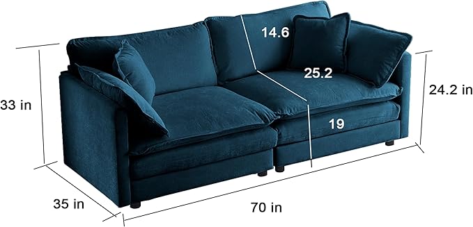 ERYE 2 PCS Oversized Living Room Sofa Sets Include Two Spacious Loveseats for 4-6 Persons, Modern Deep Seat Modular Cushions Sofa&Couch w/8 Pillows for Home,Apartment,Office, 76.7", Blue/2PCS