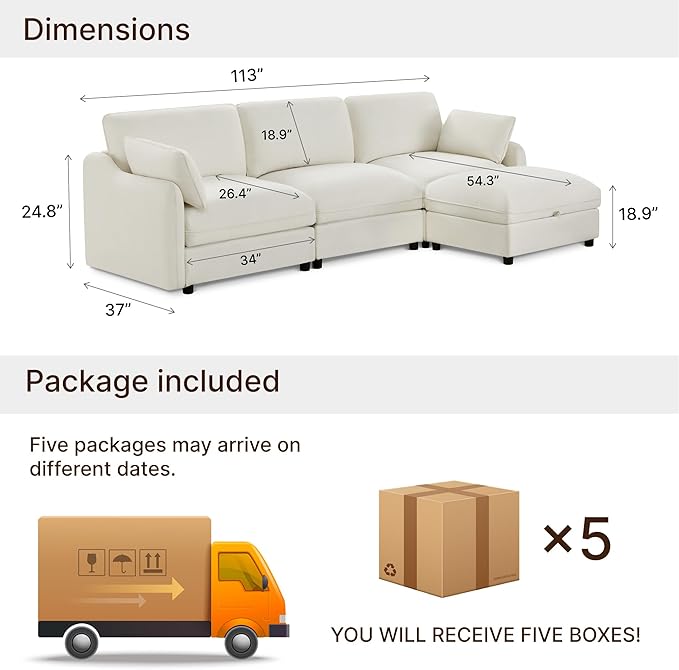 113" Cloud Sectional Couches for Living Room,L Shaped Oversized Modular Modern Linen Sofa with 1 Movable Ottoman,4 Deep Seat with 2 Throw Pillows,Warm White