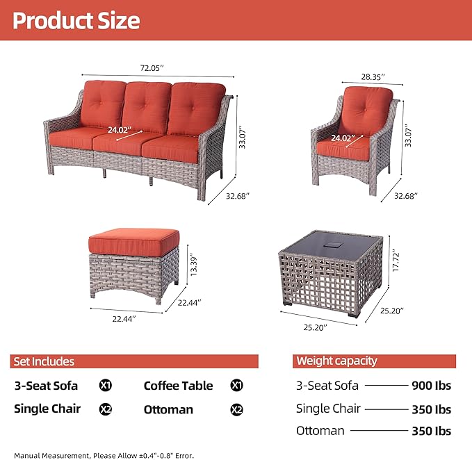 HOOOWOOO 6 Piece Patio Furniture Conversation Sets with Sola Light Table,Outdoor Wicker Furniture with Ottoman, All Weather Resistant Outside High Back Rattan Patio Set(Orange Red)