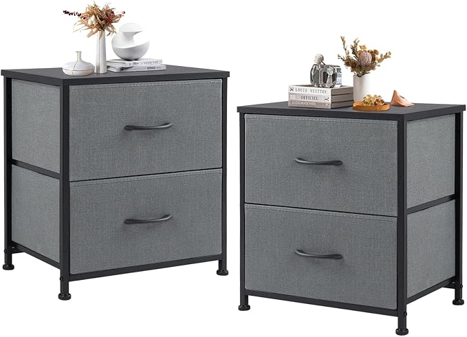 DUMOS Nightstand Set of 2, Small Dresser with 2 Fabric Drawers Side Bedroom End Table Kids Bedside Storage Furniture for 25 inch Tall Night Stand for Closet, Entryway, College Dorm, Grey, M-2 Pack by DumosLifestyle