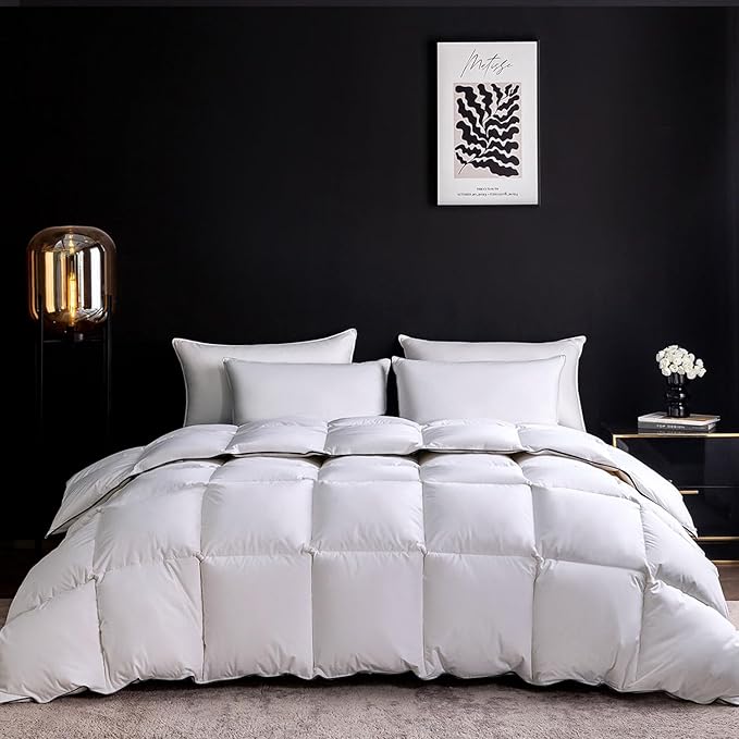 Ousidan Goose Feather Down Fiber Comforter King Size,100% Organic Cotton Duvet Insert,All-Season Luxury Duvet Insert with Baffle Box Design, 700+Fill Power Hotel Collection Bedding Comforter