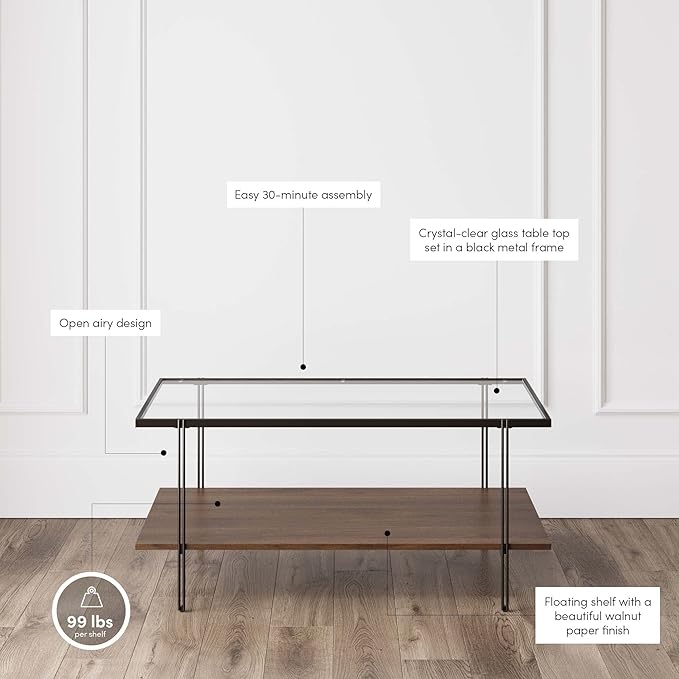Nathan James Asher Mid-Century Rectangle Coffee Table Glass Top and Wood Finish Storage Shelf with Metal Legs, Walnut/Black