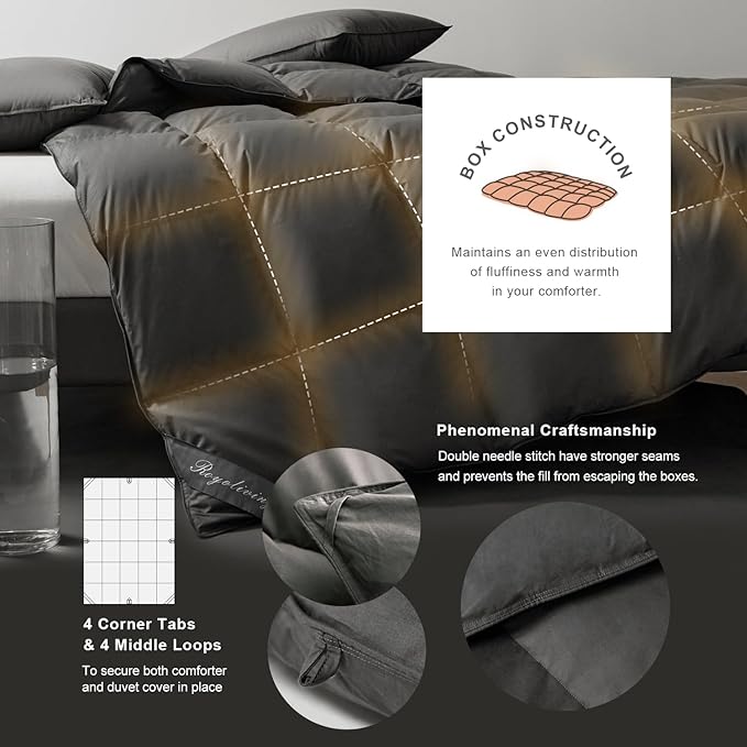 Royoliving Premium Feathers Down Duvet Insert Comforter Queen Size Charcoal Gray Heavyweight Thickened Winter Grey 100% Cotton Cover with Corner Tabs (90x90, 60 oz)