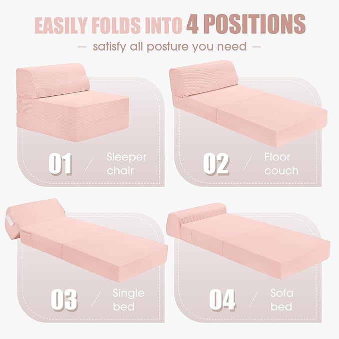 Folding Sofa Bed with Pillow, Memory Foam Fold Out Chair Bed, Convertible Sleeper Chair with Washable Cover, Futon Floor Couch for Living Room/Dorm/Guest Use/Home Office/Apartment,Pink
