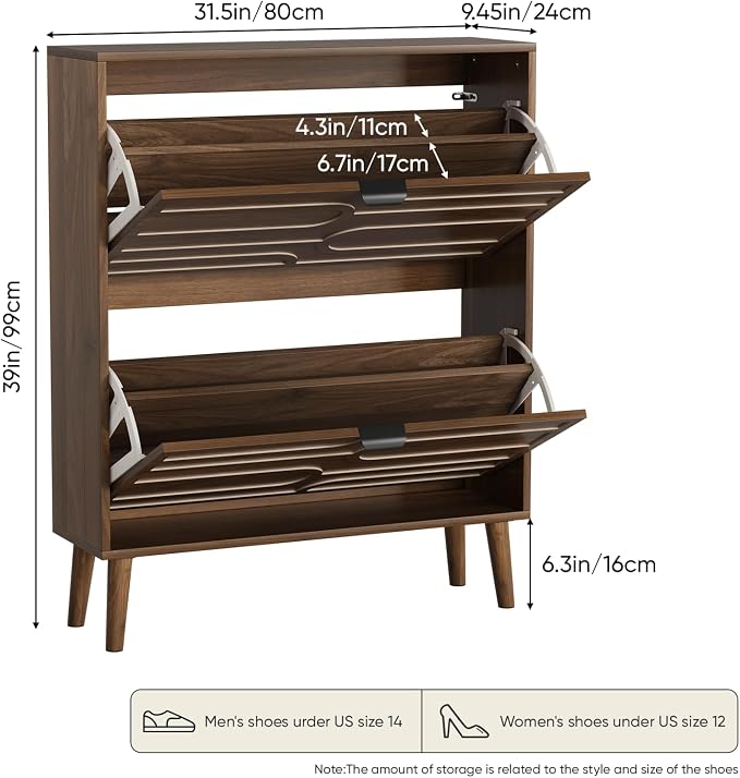 Smart FENDEE Shoe Cabinet with 2 Flip Drawers, Freestanding Shoe Storage Cabinet with Fluted Panel Design, Hidden Shoe Organizer Rack for Enterway, Hallway, Foyer, Brown - Image 2