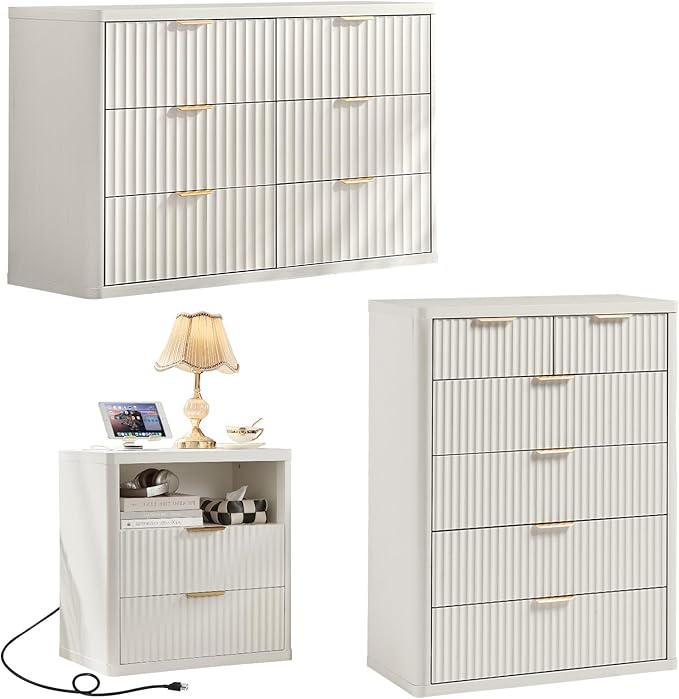 LEYAOYAO Fluted Dressers & Nightstand Set of 3, Wood 48" Wide Dresser & 42" Tall Chest of Drawers,Modern Bedroom Furniture Sets, Antique White Wooden Nightstand with 2 Drawers & Charging Station