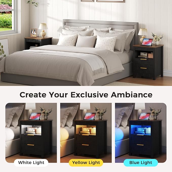 Dystler Night Stand Set of 2 with Charging Station - Bedside Table with Gun Drawer and 2 Drawers, Smart Side Table with 3-Color Human Sensor LED Lights for Bedroom, Black - Image 6