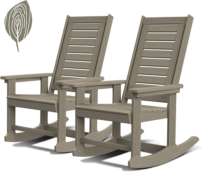 GREENVINES Outdoor Rocking Chairs | Set of 2 | Porch Rocker | HDPE Plastic | Wood Grain | Oversized Rockers | High Back | Big & Tall | Ladder Back | Desert Brown | for Patio Outside by GreenVines