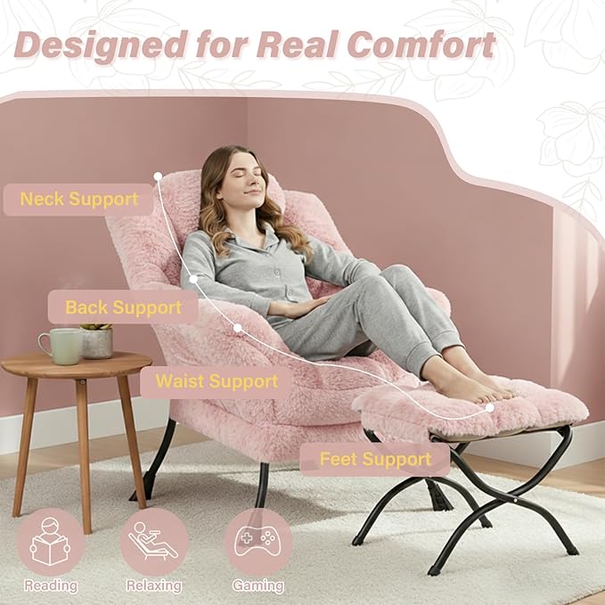 Lazy Chair and Ottoman, Large Contemporary Plush Pink Accent Chair with Side Pocket, Modern Leisure Upholstered Reading Armchair with Footrest for Office, Bedroom, Living Room, Dorm, Balcony