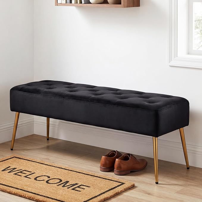 DUHOME Button-Tufted Ottoman Bench, Upholstered Bedroom Benches Velvet Footrest Stool Accent Bench for Entryway Dining Room Living Room Bedroom End of Bed, Black - Image 2
