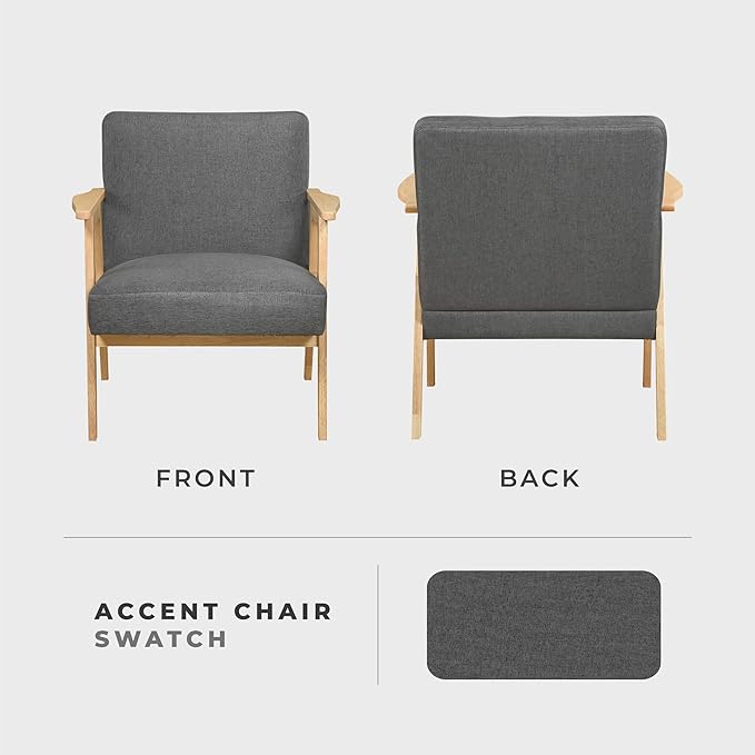 Lexicon Mid Century Modern Accent Chair, Upholstered Lounge Armchair, Single Sofa Seat, Natural Finish Solid Wood Framed Comfy Side Chairs for Living Room/Bedroom/Office/Waiting Area, Dark Gray