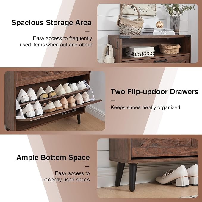 Barnyatoh Shoe Storage Cabinet,Farmhouse Shoe Organizer with 2 Flip Drawers & Barn Door Design,Freestanding Hidden Slim Narrow Shoe Rack Cabinet with Open Storage for Entryway, Foyer,Hallway, Walnut - Image 5