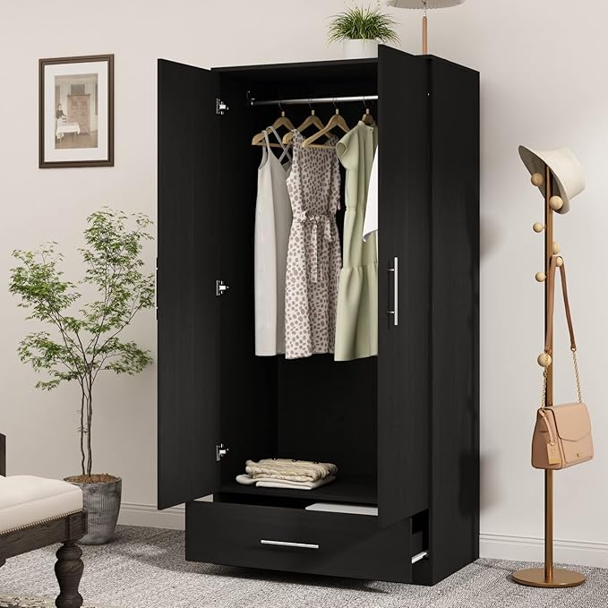 Hitow Wardrobe Armoire Closet with 2 Doors, Freestanding Wardrobe Cabinet with Drawer & Hanging Rod, Bedroom Armoire Clothes Organizer, Type C Black (31.5" W x 18.9" D x 66.9" H)