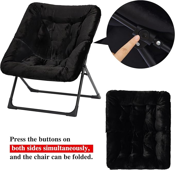 Comfy Saucer Chair for Adults, Set of 2, Soft Faux Fur Bedroom Chair, Accent Dorm Chairs, Flexible Living Room Reading Chairs, Oversized Folding Seat for Teens, X-Large, Black