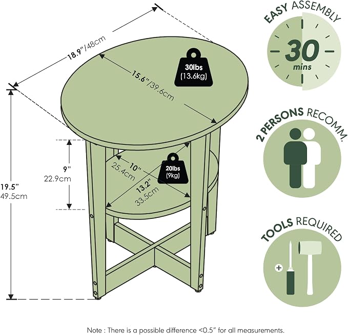 Furinno JAYA Side Table, 2-Tier Round Modern End Table with Oval Tabletop, Night Stand, Bedside Table with Open Shelf, for Living Room, Bedroom, French Oak - Image 3