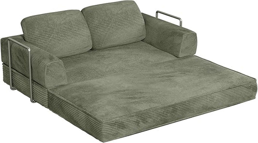 Homall 4-in-1 Convertible Sofa Bed, Oversized Boneless Couch with 4 Frame Kits and Removable Armrests, Corduroy Sleeper Sofa with 2 Pillows for Small Space, No Assembly Required (Green)