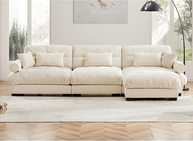 KEIKI 130" L-Shaped Oversized Velvet Modular Sectional Sofa with 1 Ottoman, High-Density Foam Cushions and Bolstered Armrests, Upholstered 3-Seater Cloud Couch with 5 Pillow, for Living Room, Cream