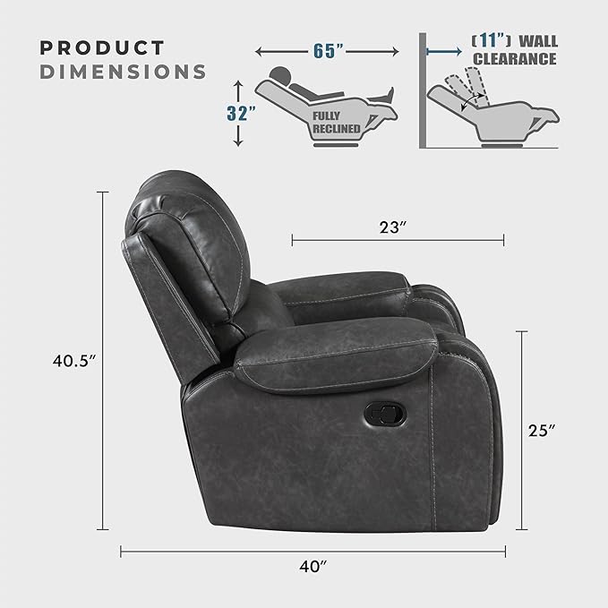 Lexicon Modern Double Reclining Loveseat, Faux Leather Recliner Loveseat with Nailhead, Center Console, Receptacle and USB Ports, Manual Recliner Loveseat Couch for Living Room/Office/Apartment, Grey