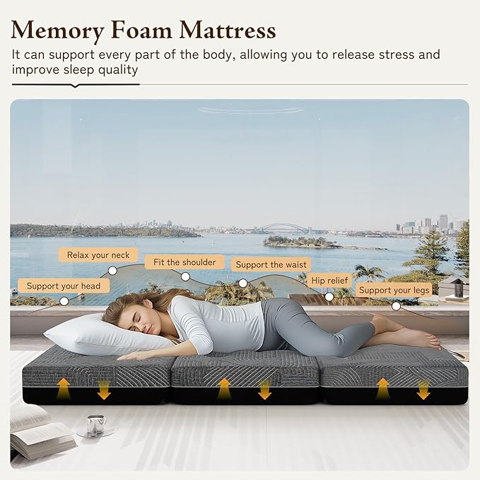 GEMBED Tri Folding Mattress Twin Size - Memory Foam Tri-fold Mattress, Handle & Non-Slip Bottom, Portable Foldable Sofa Bed Floor Chair for Travel RV Camping Guest Yoga - 6 Inch, 75"x38"x6"