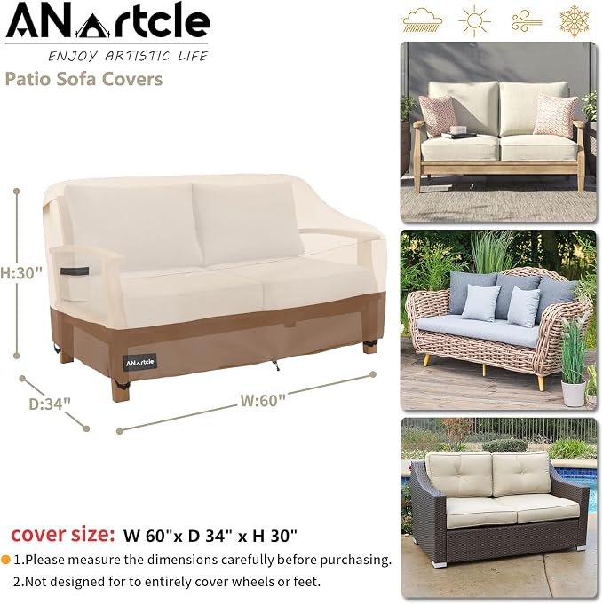ANartcle 2-Seater Patio Loveseat Cover,60W x 34D x 30H Inches Outdoor Couch Cover,100% Waterproof Heavy Duty Outdoor Sofa Covers,Patio Furniture Covers,Beige&Brown - Image 3