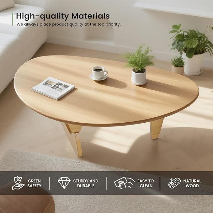 Solid Wooden Modern Triangle Coffee Table: Unique Funky Coffee Tables for Living Room, Oval Mid-Century Irregular Abstract Tea Tables for Patio Office Balcony Bedroom (Natural, 50" L x 31" W x 16" H)