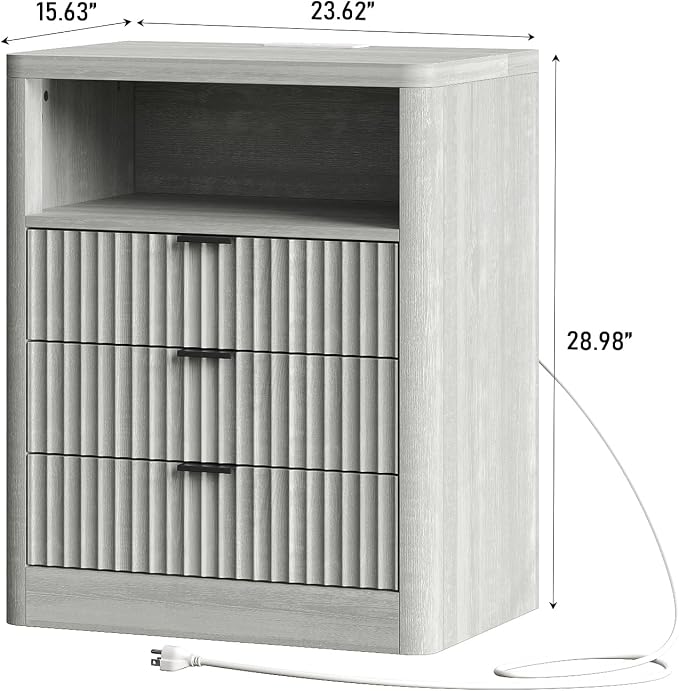 FUSOU Fluted Night Stand, Nightstands with Charging Station and LED Lights, Modern Bedside Table with 3 Drawers and Open Shelf, End Table with Storage, Nightstand for Bedroom, Living Room, Grey - Image 3