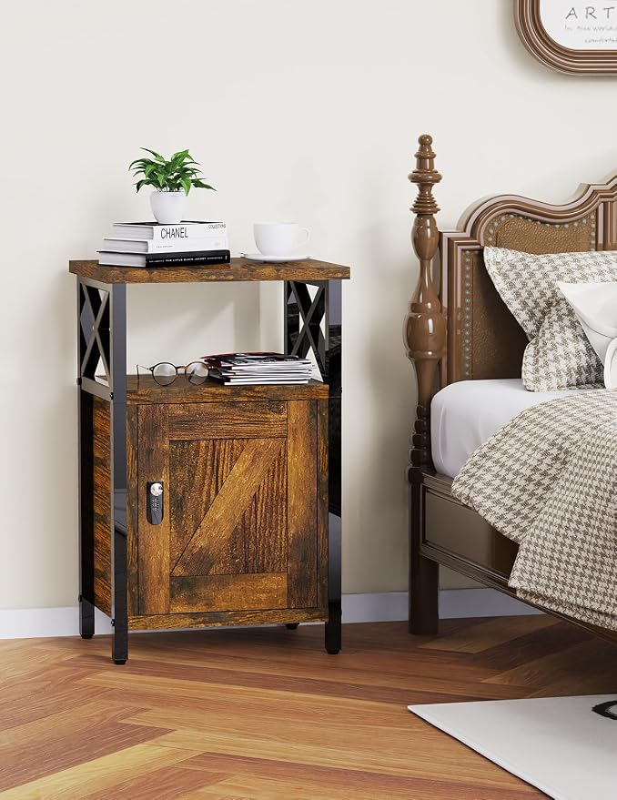 runjuly Night Stand with Locking Drawer, Bedside Table with Drawers, Wooden Bed Side Table with Storage Cabinet, Nightstand with Door, End Night Table for Bedroom, Dorm, Office, Rustic Brown - Image 2