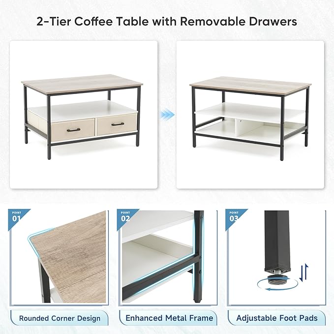 OC Orange-Casual 32" Coffee Table with Storage, 2-Tier Wood Coffee Table with Open Display Shelf & Foldable Drawers, Farmhouse Table with Metal Frame, Small Center Table for Living Room (31.5")